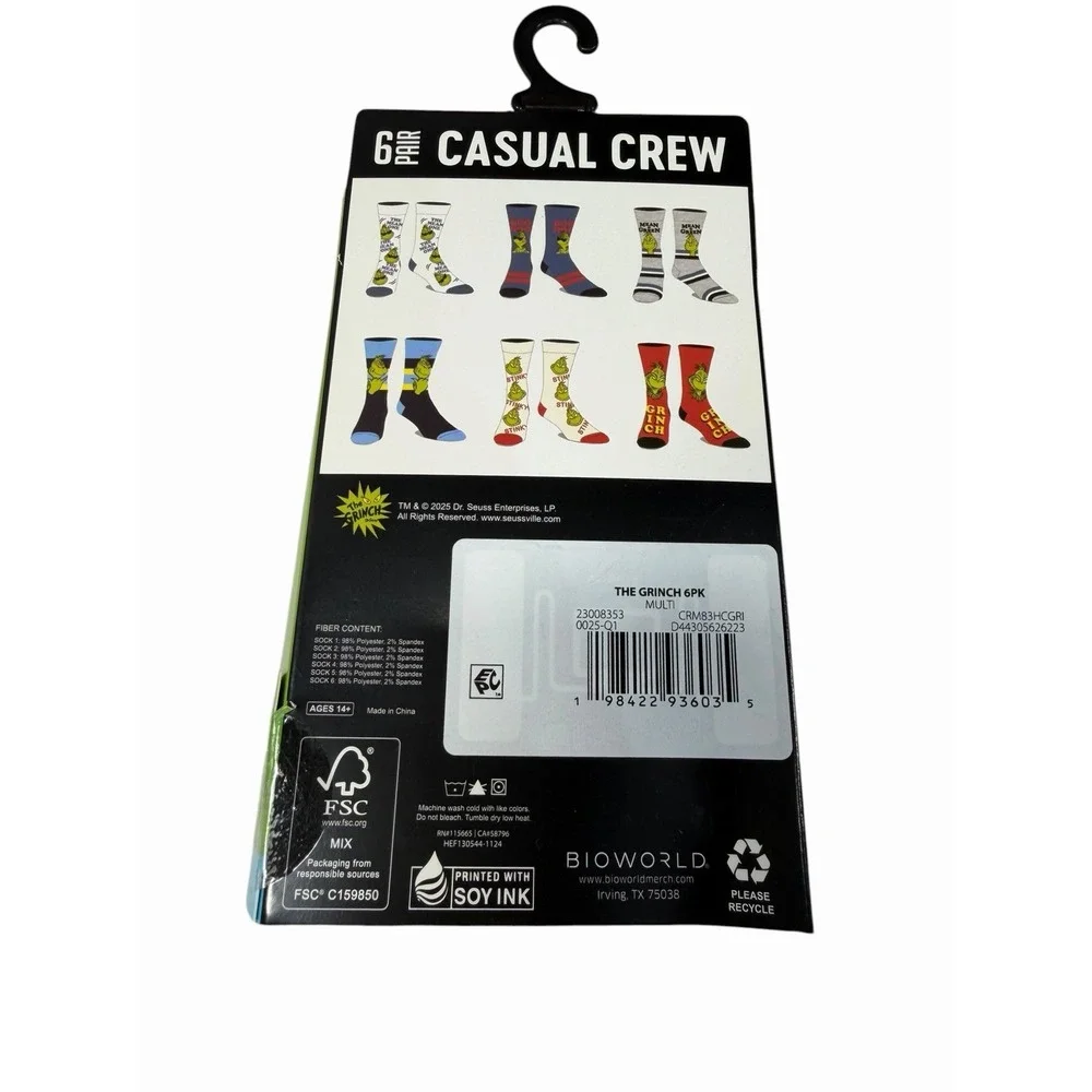 the grinch mens 6 pairs casual crew socks size 8-12 bioworld